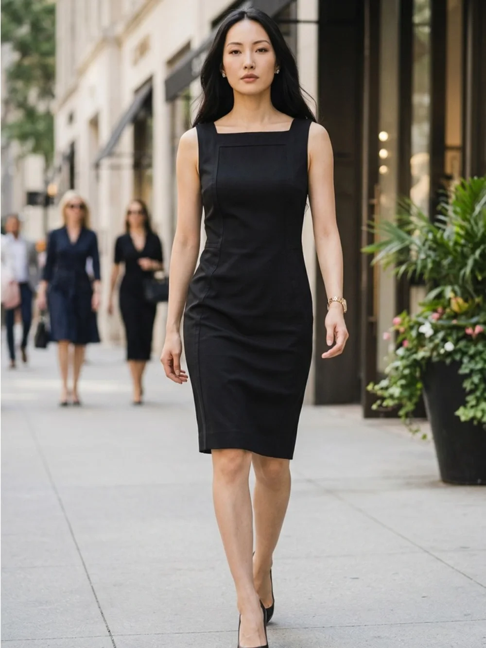 DESIGNER ST. JOHN COUTURE BLACK SILK STRAIGHT SHEATH BUSINESS DRESS SZ 8 - Picture 1 of 4
